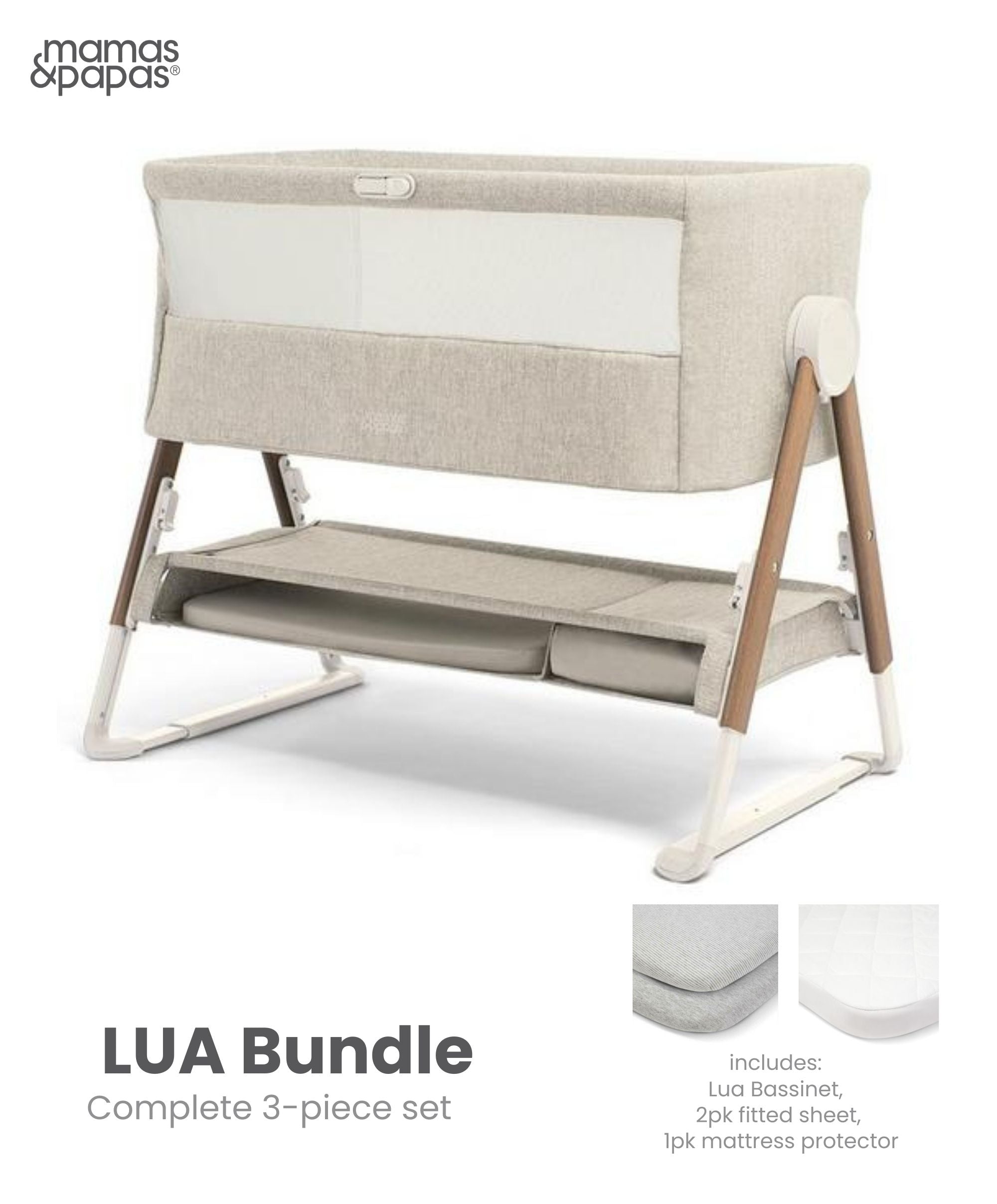 Mamas &#038; Papas Lua Bedside Bassinet Bundle (Bassinet + Mattress Protector + 2-Pack Fitted Sheets)