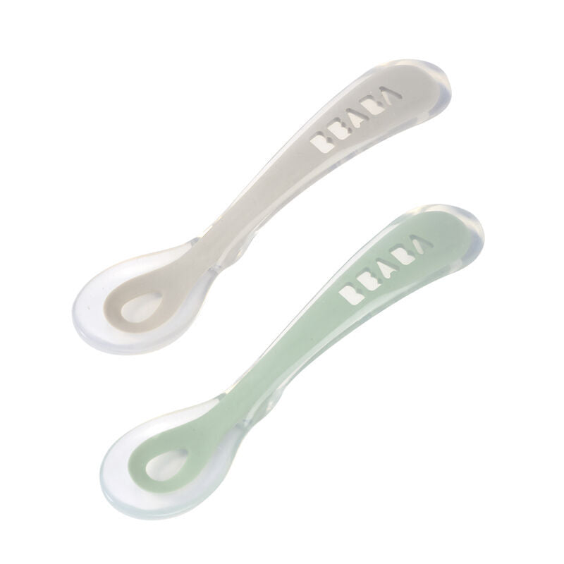 Beaba 2nd Stage Silicone Spoon &amp; Case 2 Pack Velvet Grey &amp; Sage Green