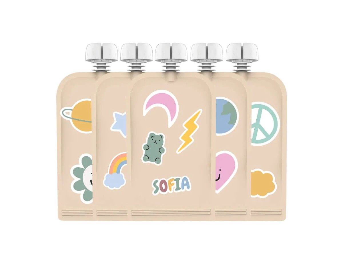 Cherub Baby Customisable Reusable Food Pouches 150ml 5pk with 130+ Stickers